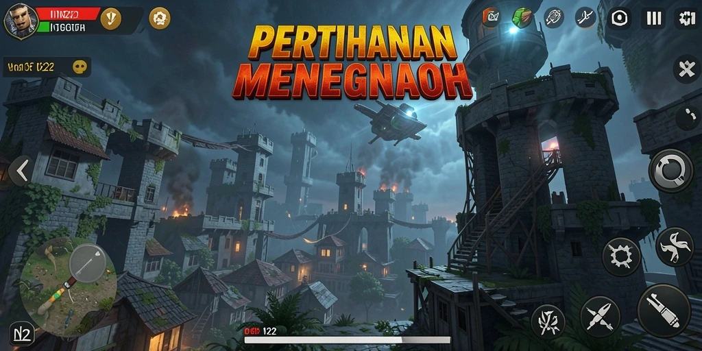 Screenshot IN22 menampilkan aksi menegangkan dalam pertahanan menara.