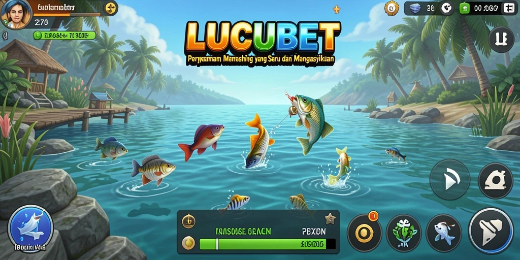 Tampilan gameplay LUCUBET yang menonjolkan ikan dan lokasi memancing.