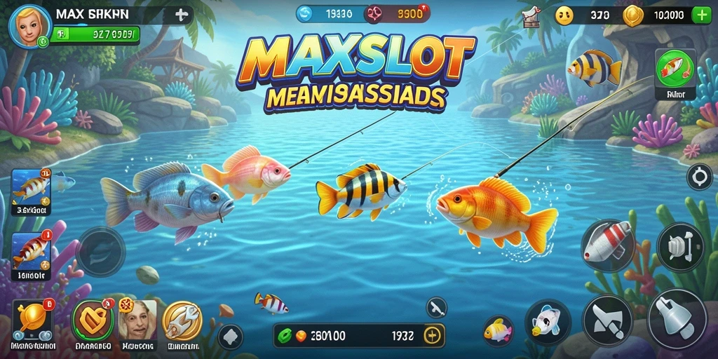 Tampilan gameplay seru MAXSLOT saat memancing di danau.