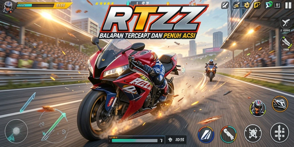 Gameplay RTZZ menampilkan balapan motor yang cepat dan menegangkan.