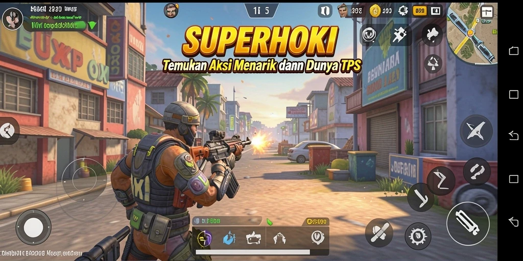 Gameplay SUPERHOKI dengan aksi menembak yang seru dan menantang.