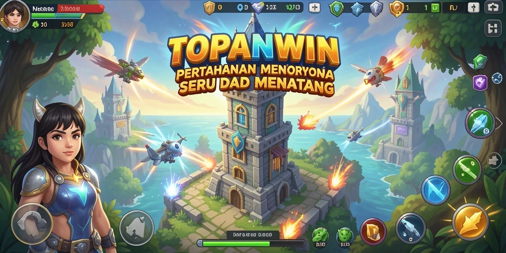 Tangkapan layar gameplay TOPANWIN yang menampilkan menara bertahan melawan serangan musuh.